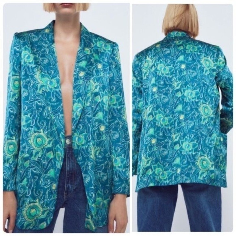 ZARA Satin Effect Floral Print Blazer Size XS Blue Teal Open Front Chic Colorful